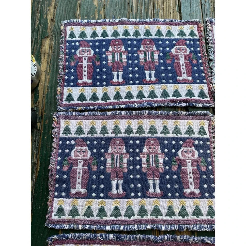 Vintage Nutcracker Christmas Woven Tapestry Placemats Set of 6 Fringed Navy Red